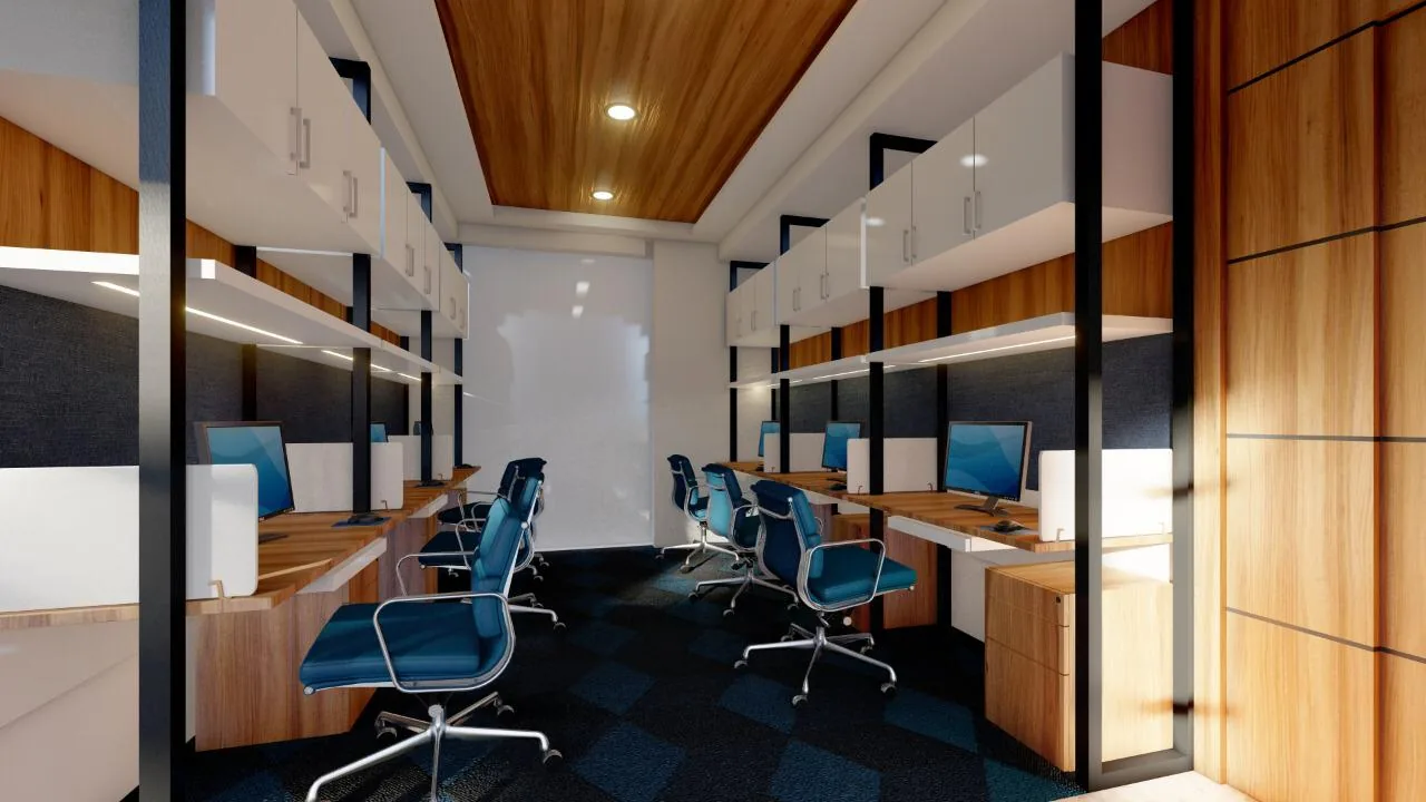 Rows of open-plan desks in timber and blue under a slatted timber ceiling