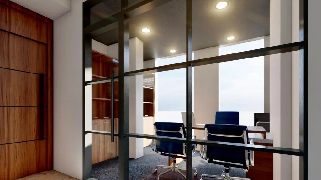 A meeting room with blue chairs seen through a steel-framed glazed screen