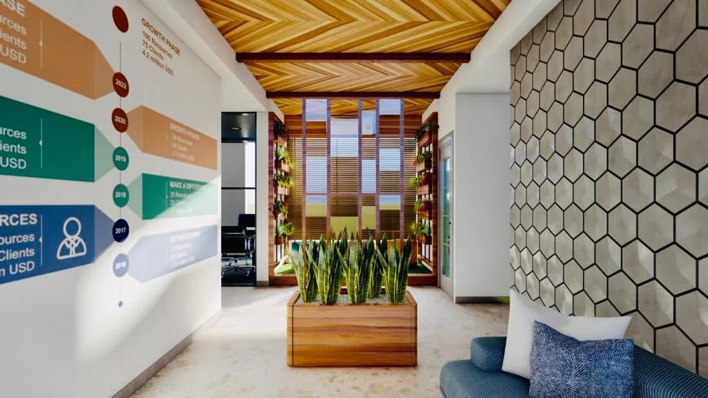 An office entrance lobby below a chevron timber ceiling, planting in a timber trough