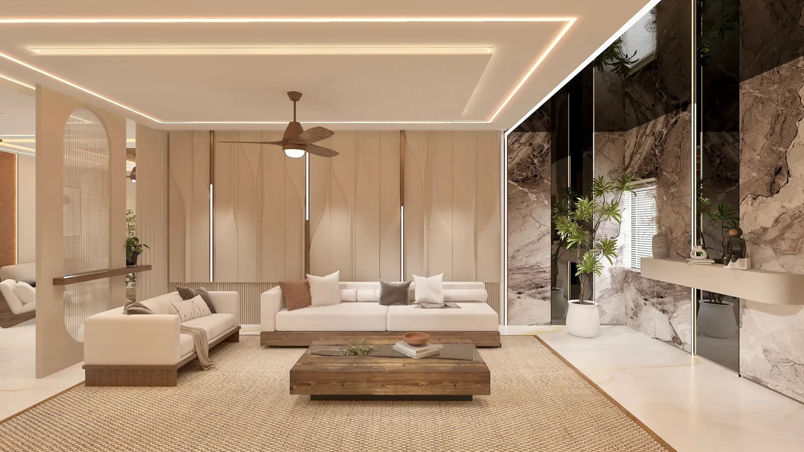 A living room with a long white sofa and a reclaimed-timber table on a jute rug, against a fluted oak wall