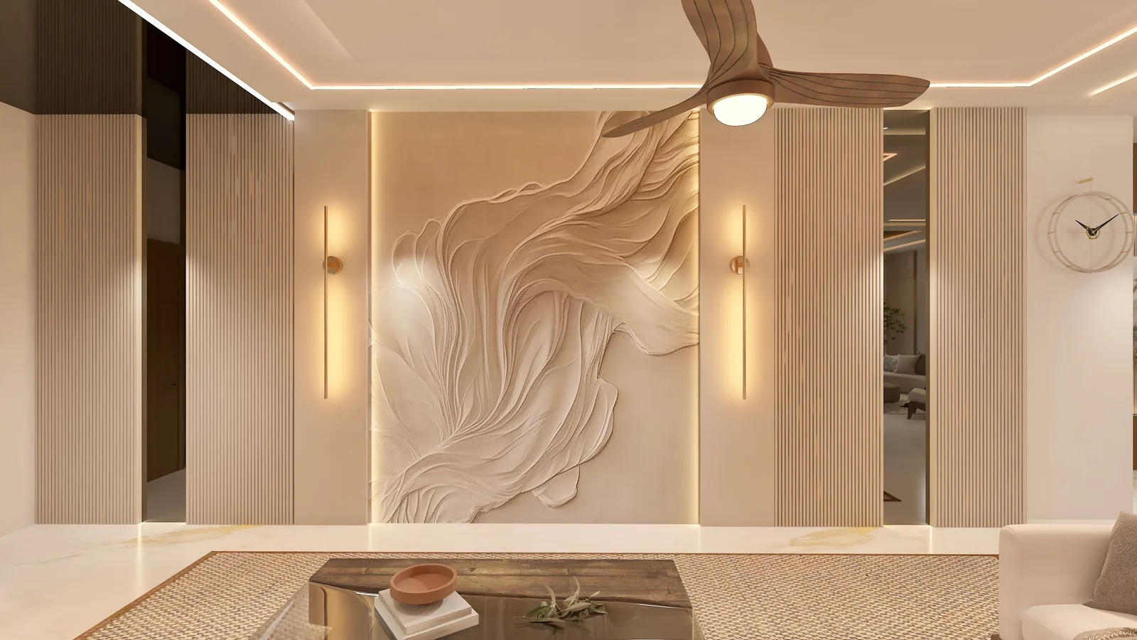 A sculpted plaster relief panel set between fluted oak walls and lit by slim linear wall lights