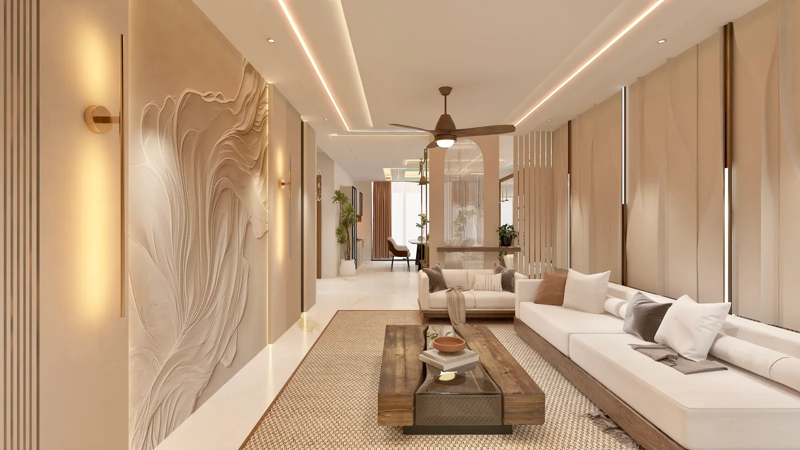 A long living room with a sculpted plaster wall on the left and a view through to the dining room beyond