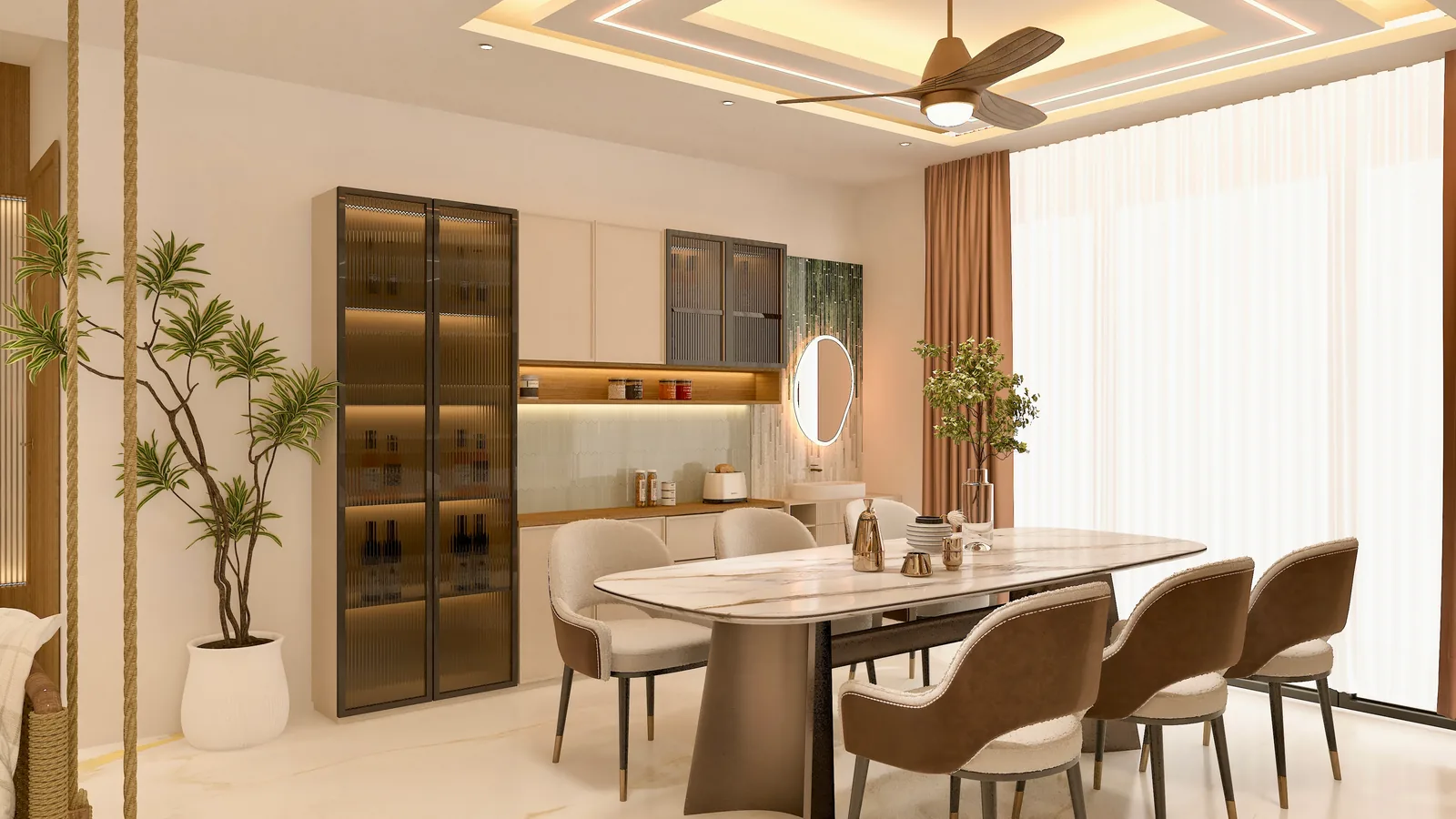A dining room with a pale stone table and a bronze-framed reeded-glass display cabinet
