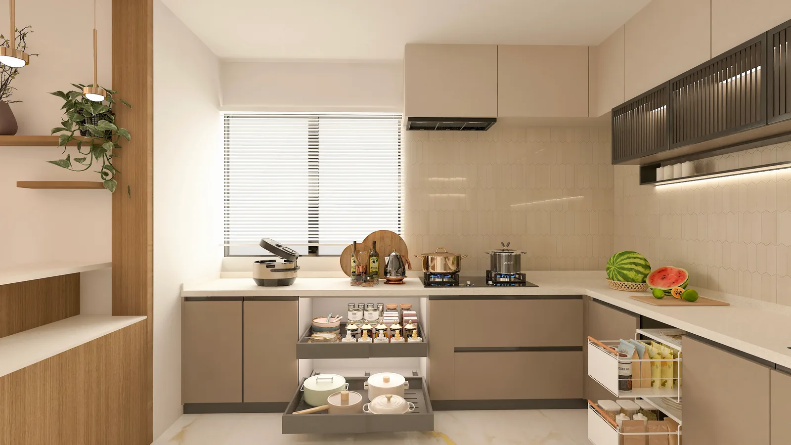 A kitchen in taupe and cream beside a shuttered window, one drawer pulled open on stacked crockery