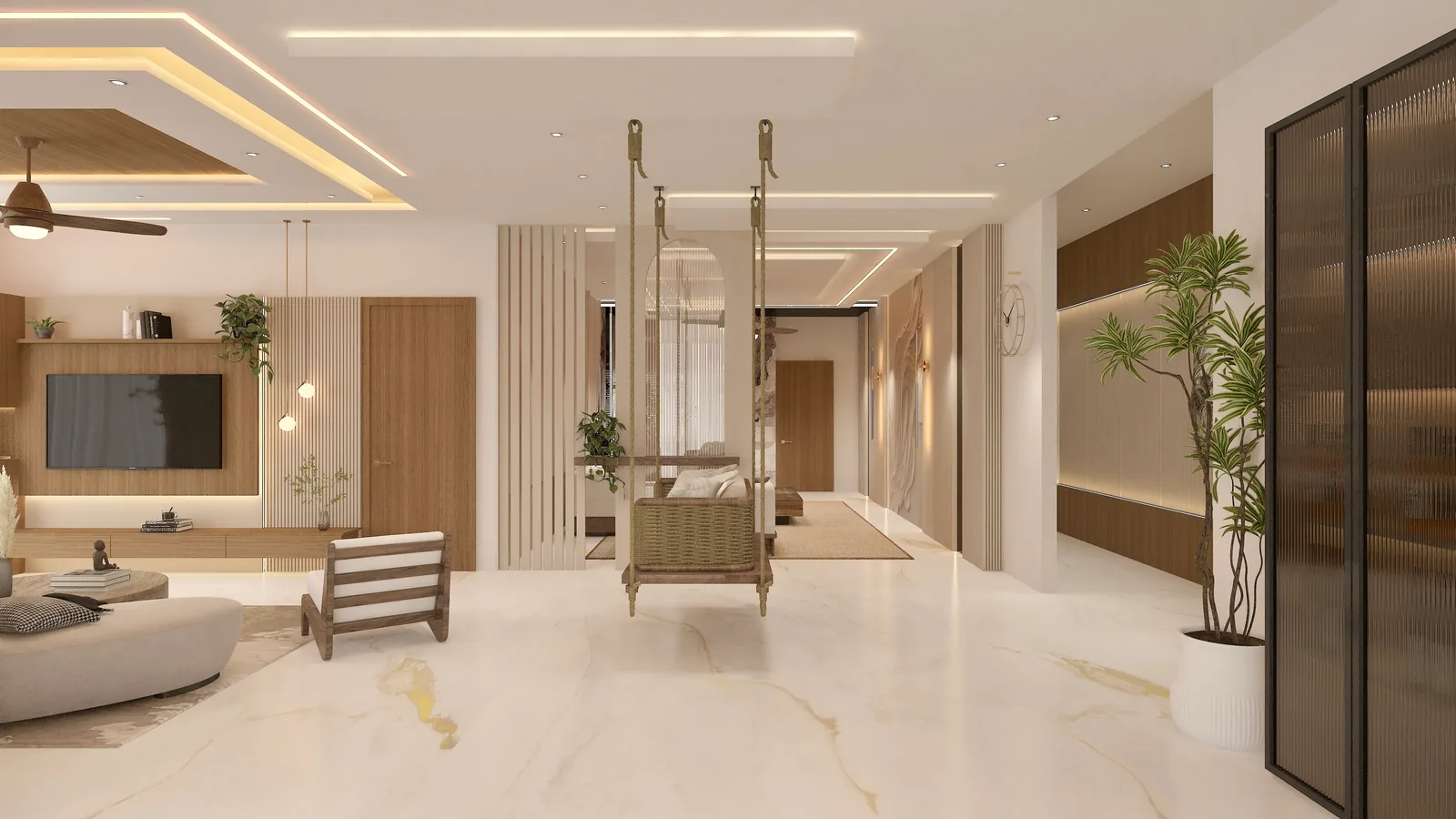 A living room with a wall-mounted screen on fluted panelling, a curved sofa and a glazed partition