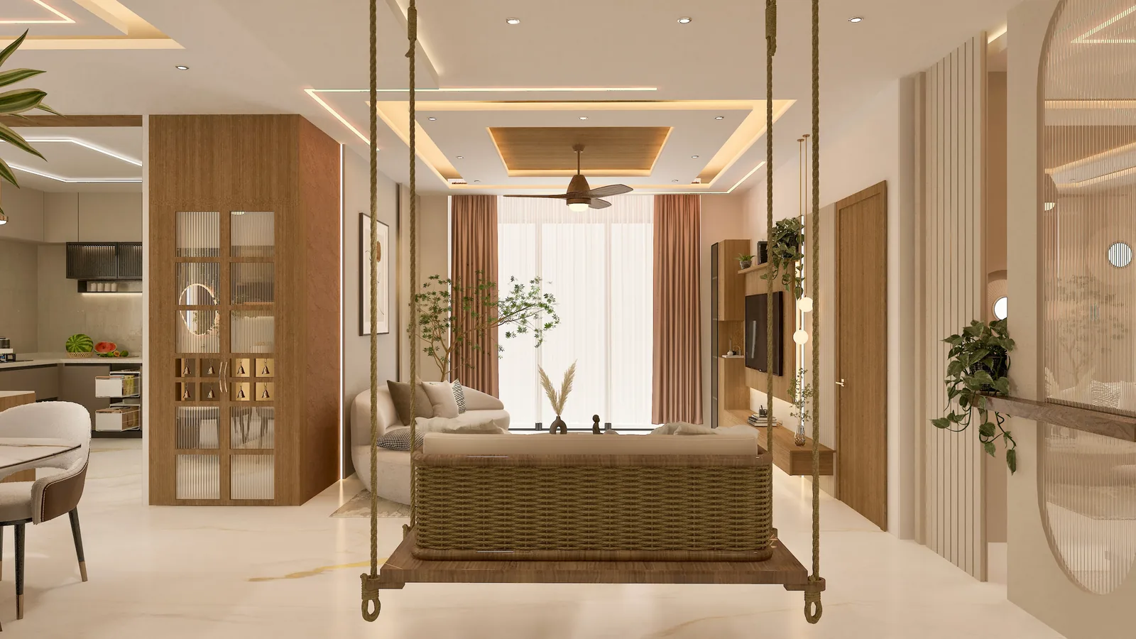 A bedroom with a hanging cane swing seat beside an arched mirror and timber wardrobes