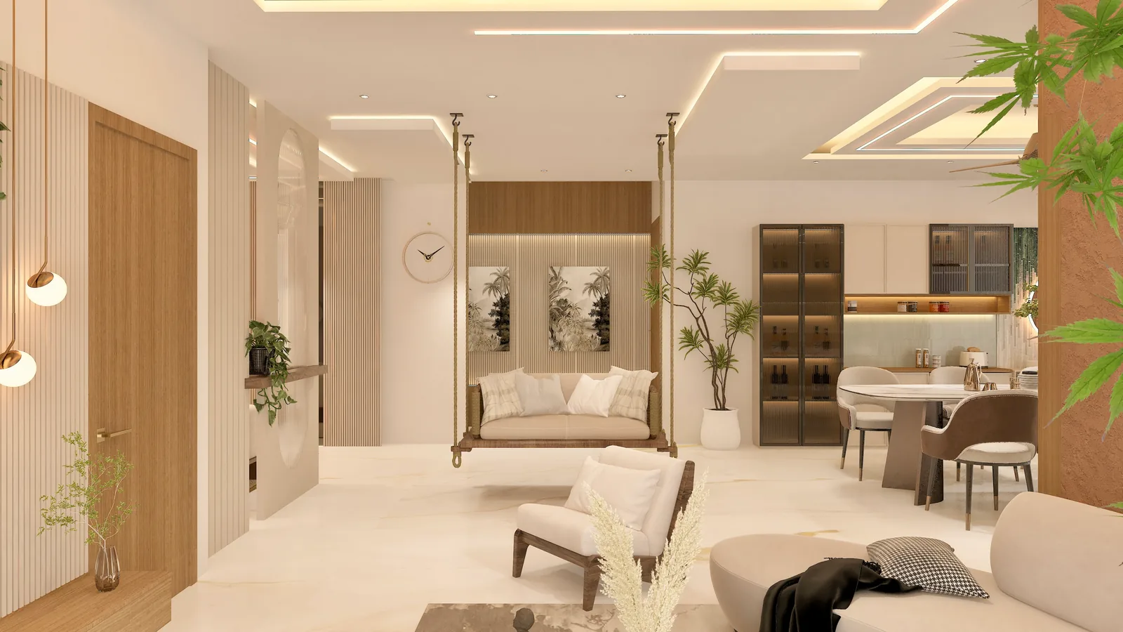 An open living and dining space with pendant lights, built-in shelving and a low armchair