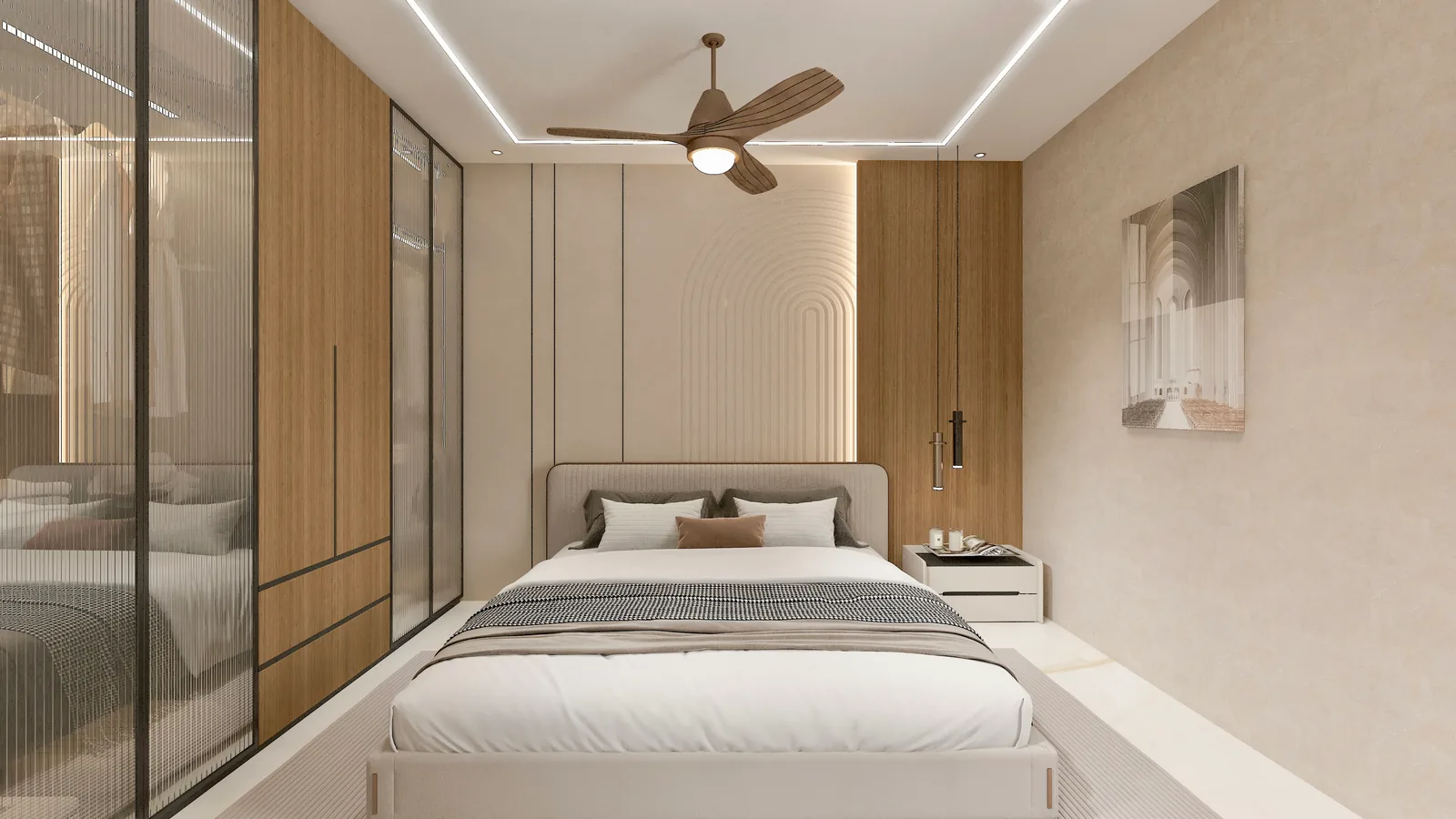 A bedroom with an upholstered bed and a long run of timber and glass wardrobes