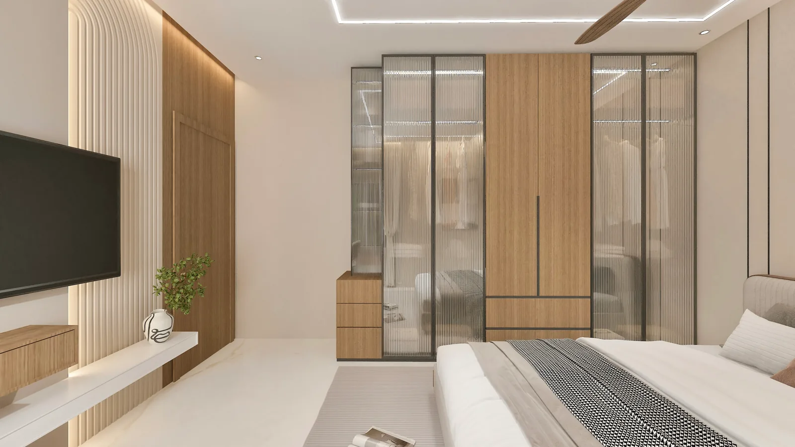 A bedroom with a screen set on fluted timber panelling above a floating shelf