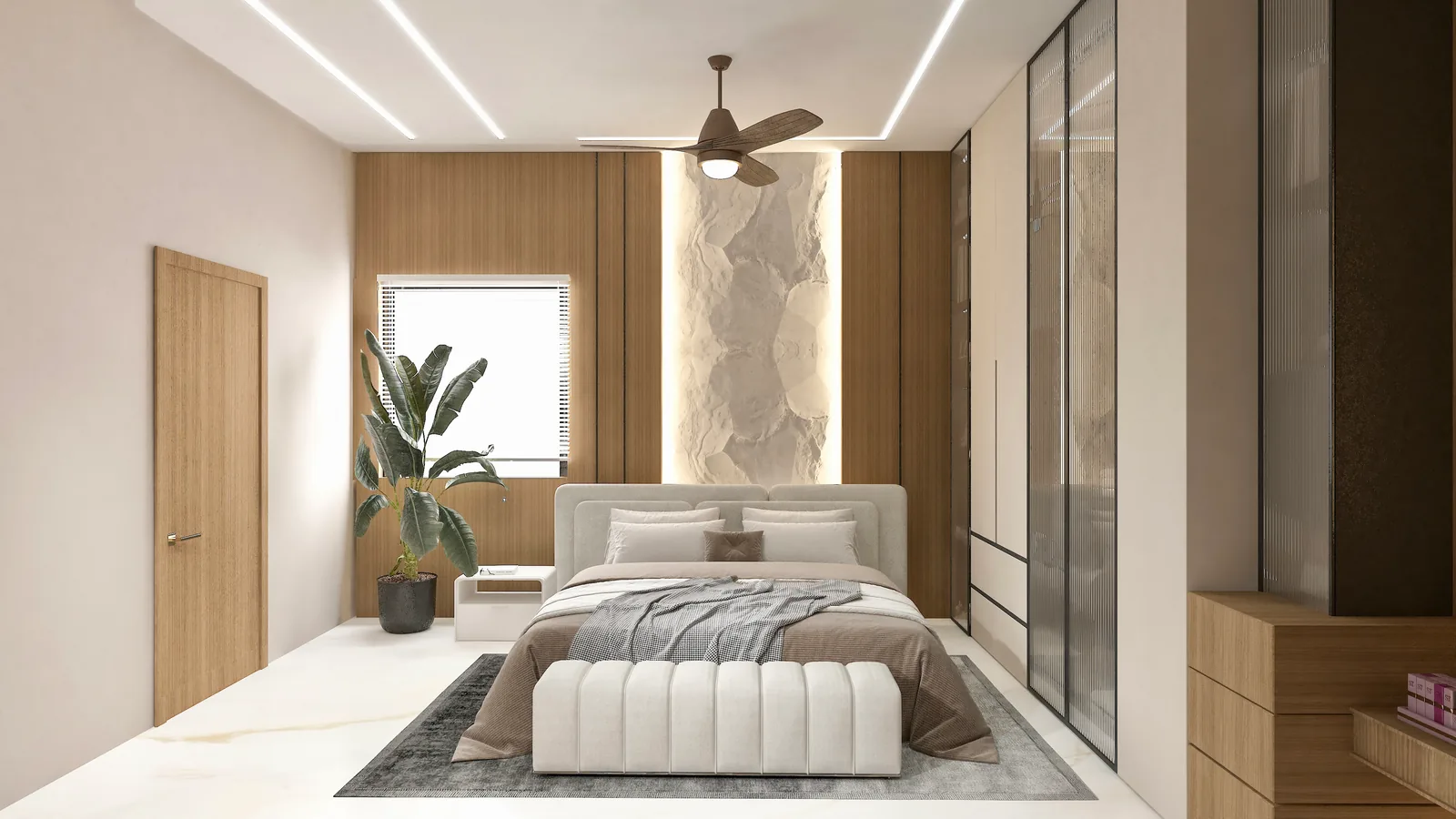 A bedroom with a stone-veneer headboard wall and a window framed by planting