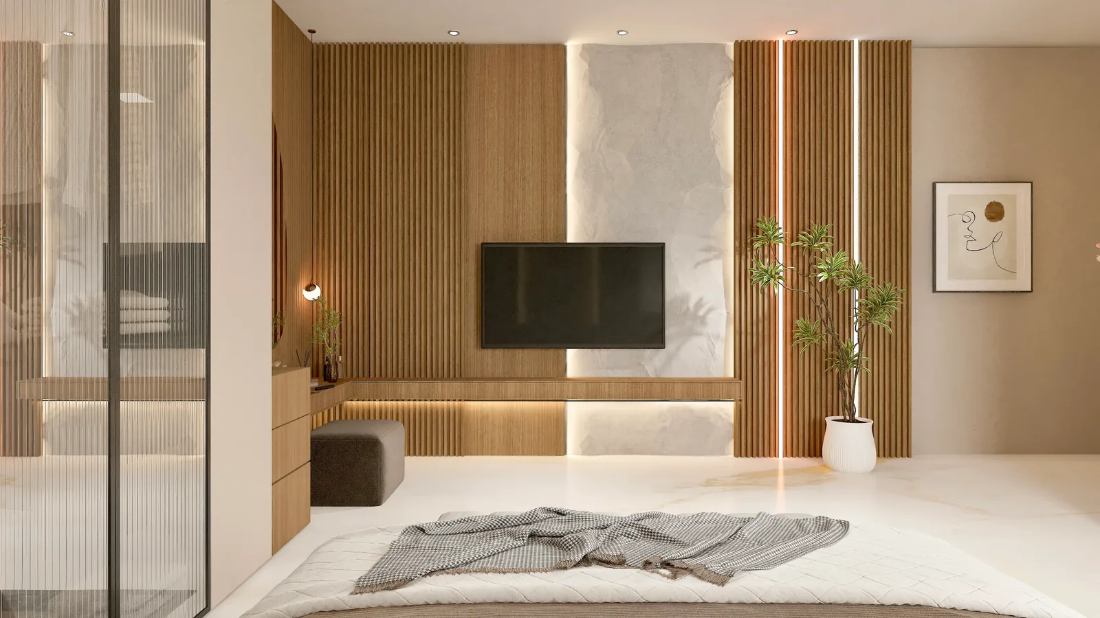 A bedroom with a media wall in timber and marble and a throw folded across the bed