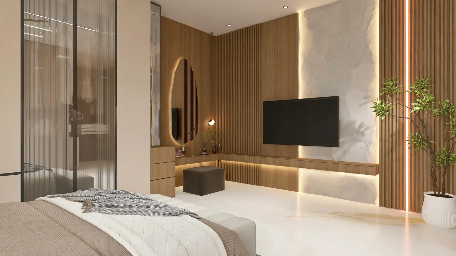 A bedroom with a backlit oval mirror, marble panelling and potted plants