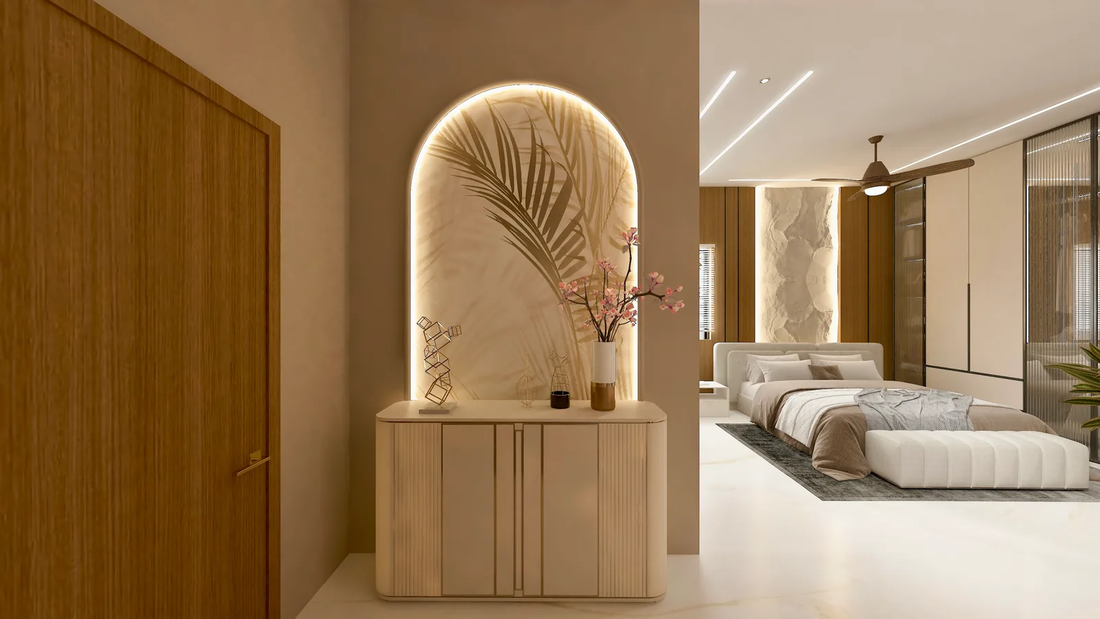 A bedroom with an arched niche holding dried palm above a timber dressing unit
