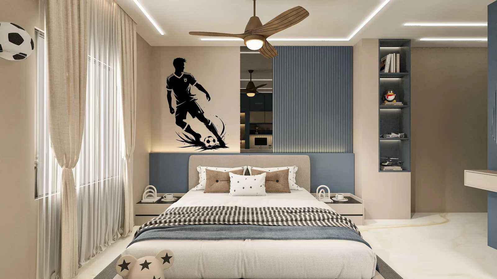 A child's bedroom with a footballer decal above the bed and blue fitted joinery