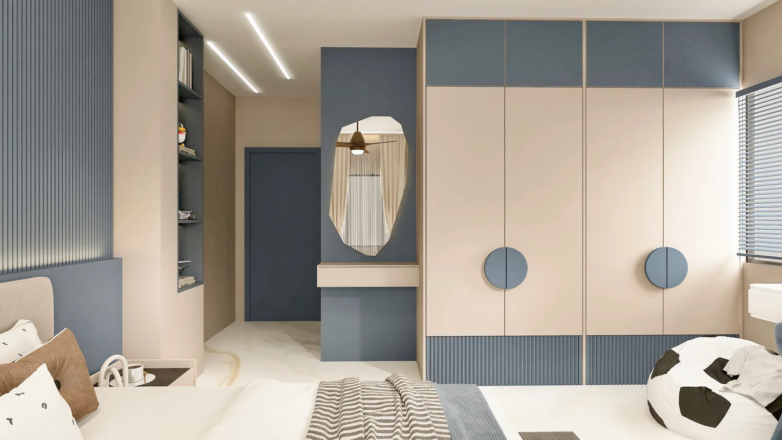 A child's bedroom with blue and cream wardrobes and an arched mirror
