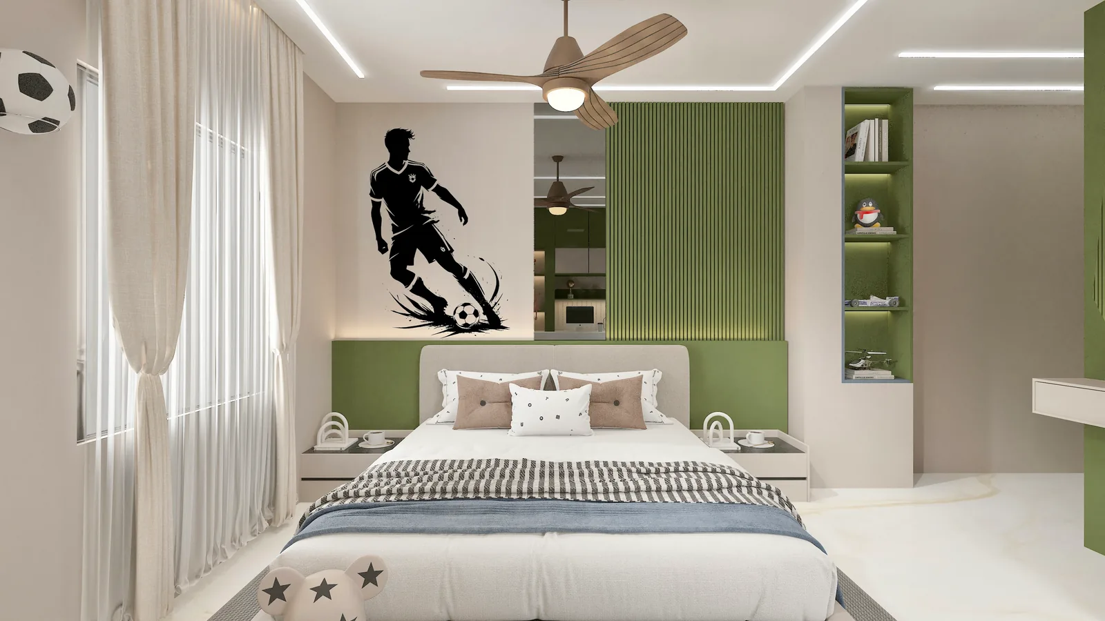 A child's bedroom with a footballer decal, green joinery and sheer curtains