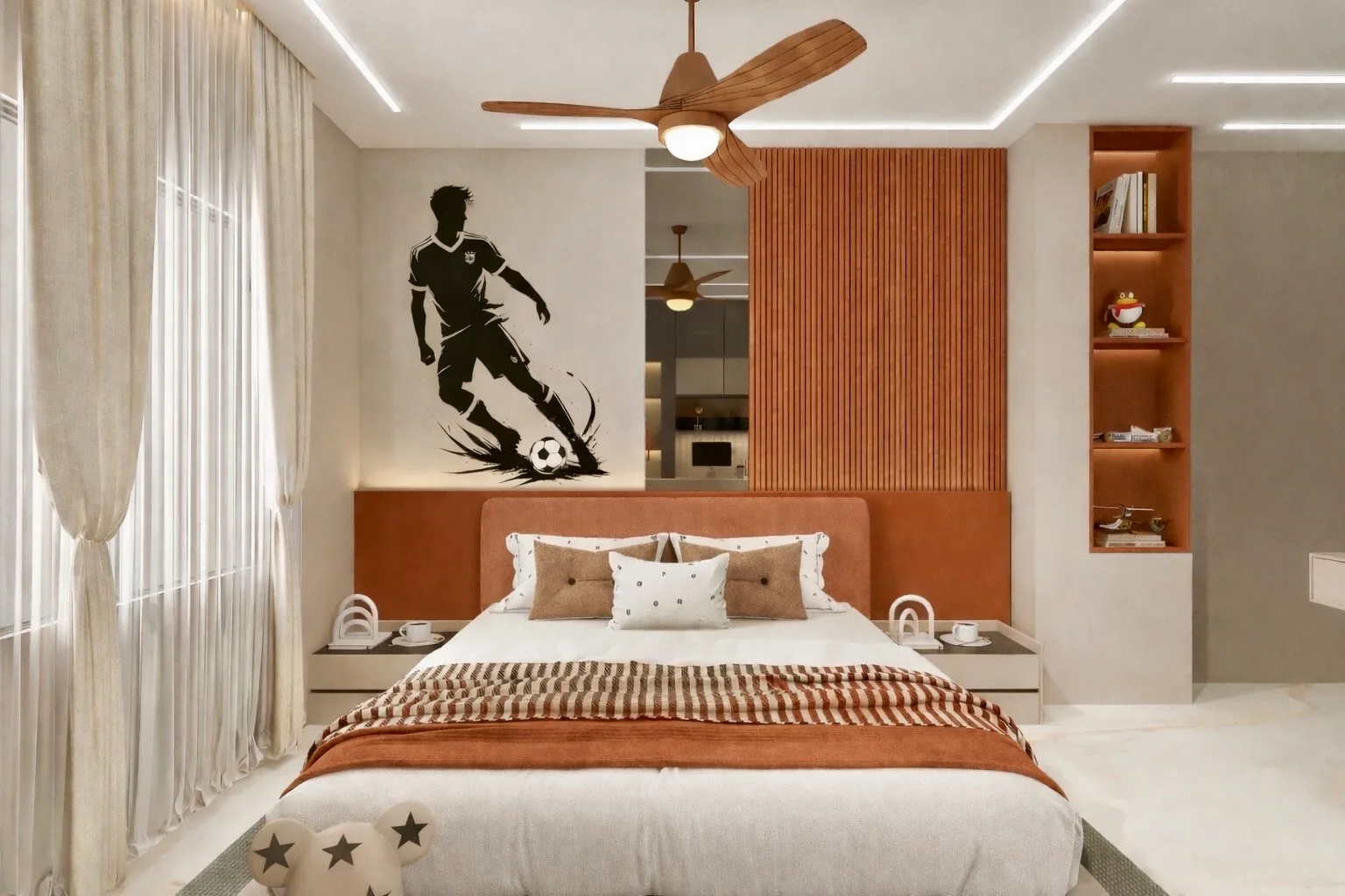 A child's bedroom with a footballer decal above a terracotta headboard wall