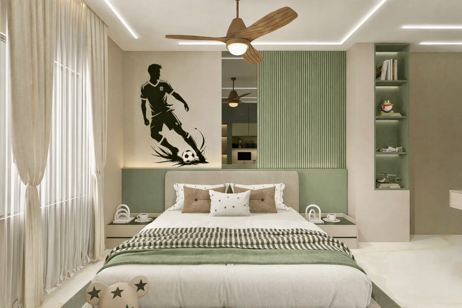 A child's bedroom with a footballer decal and a green upholstered headboard