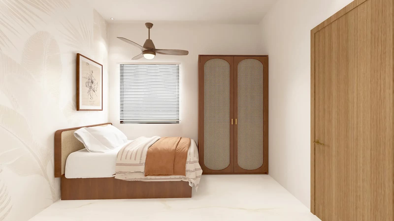 A bedroom with a timber bed frame beside a shuttered timber wardrobe