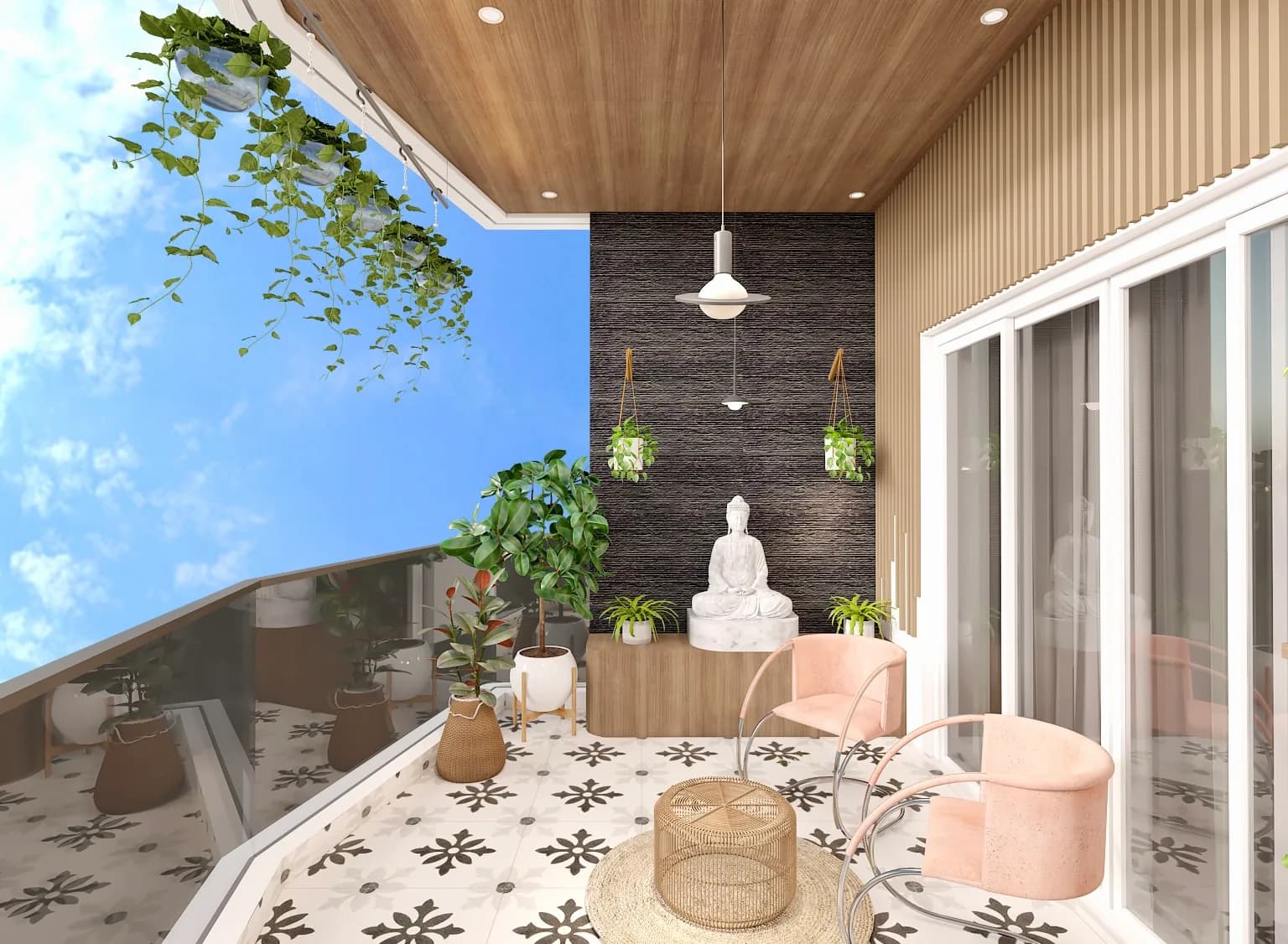A balcony laid with patterned tile, planted pots, a seated figure and pink chairs