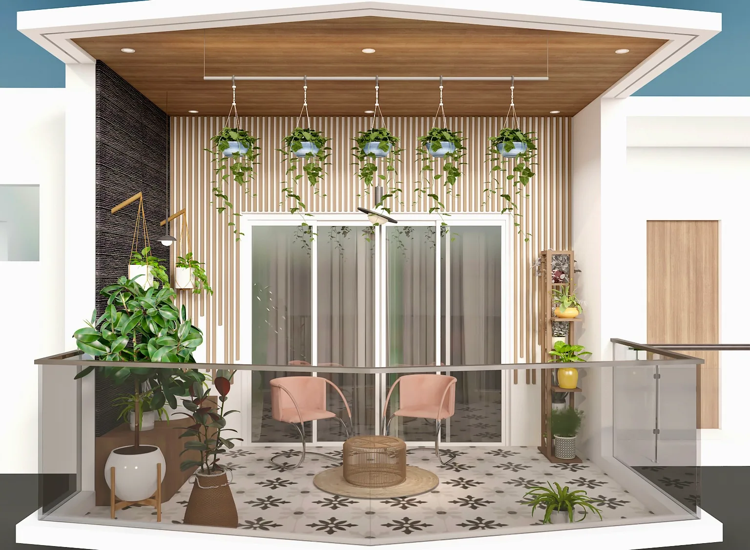 A covered courtyard with hanging planters, patterned tile and pink chairs
