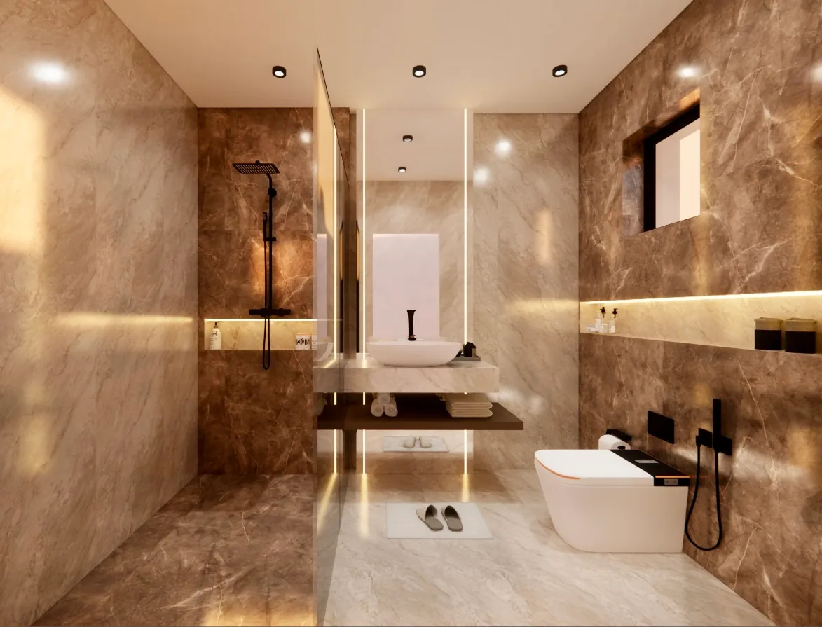 A bathroom in veined brown marble with a floating basin and a rain shower