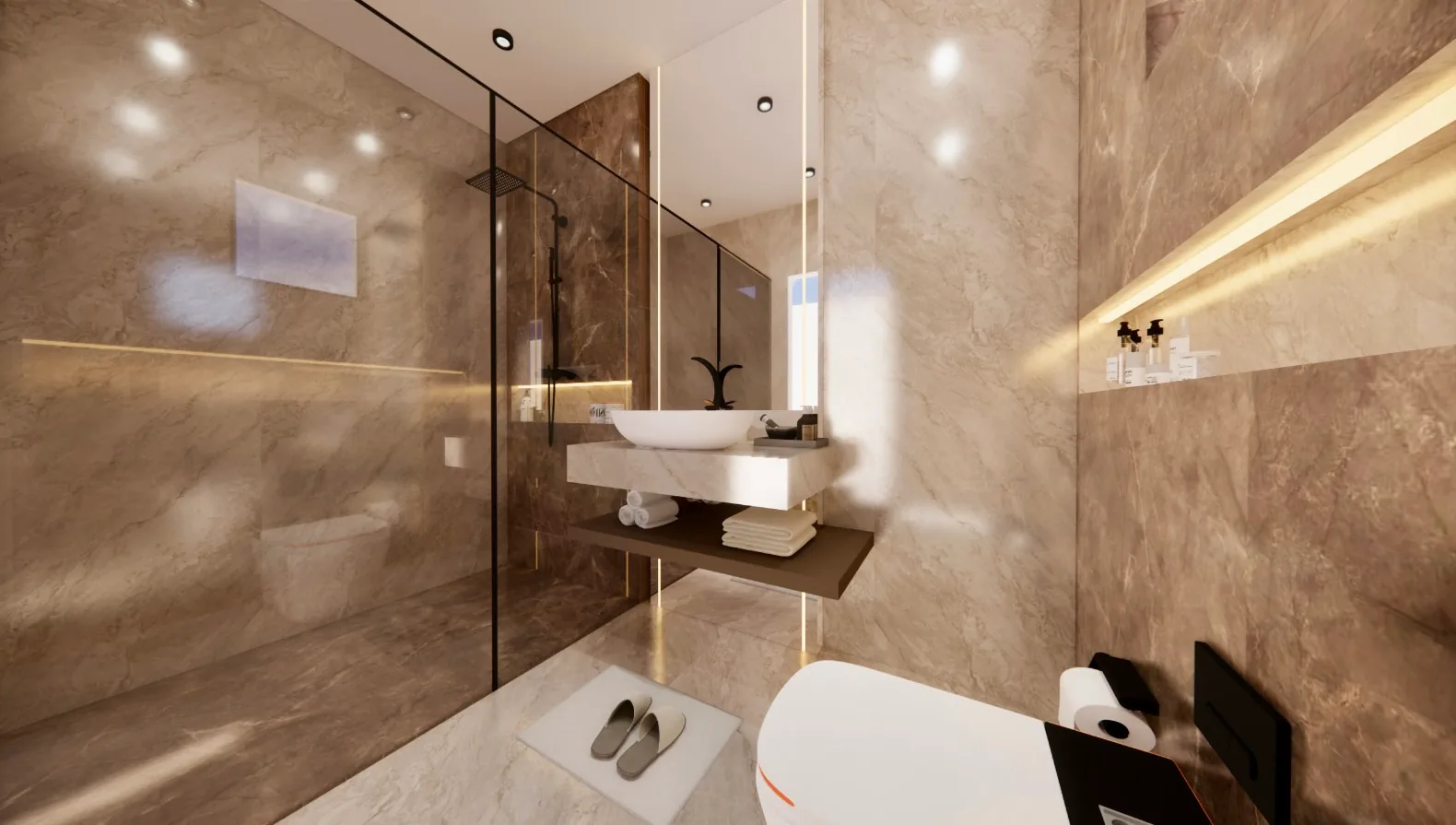 A bathroom with a mirrored wall above a floating basin in brown marble