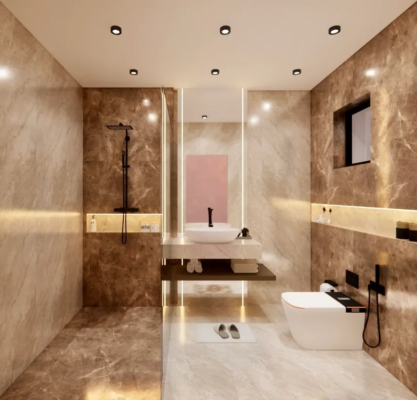 A bathroom in brown marble with a floating basin, a WC and a rain shower
