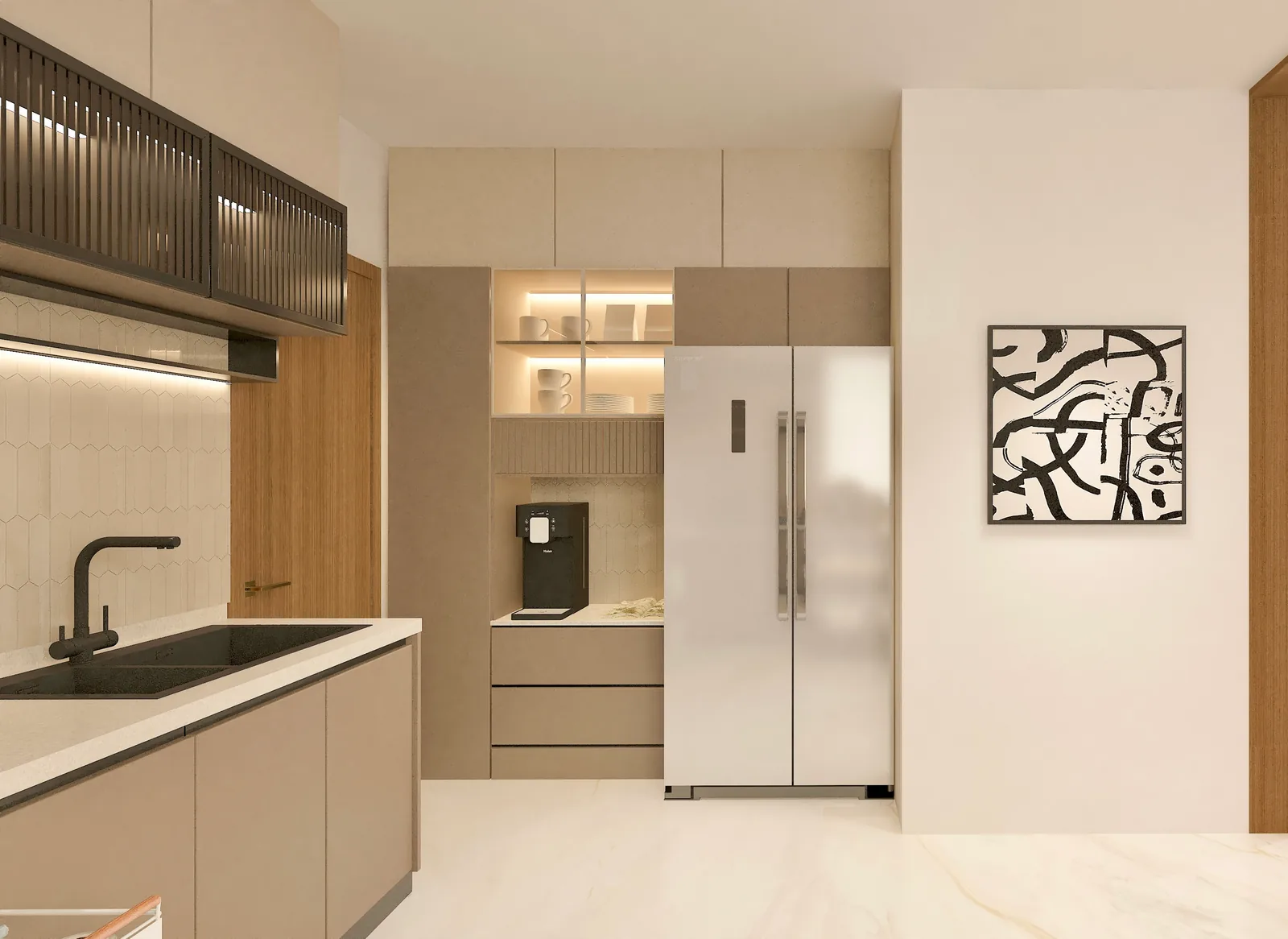 A kitchen with timber and cream cabinetry beside a tall refrigerator