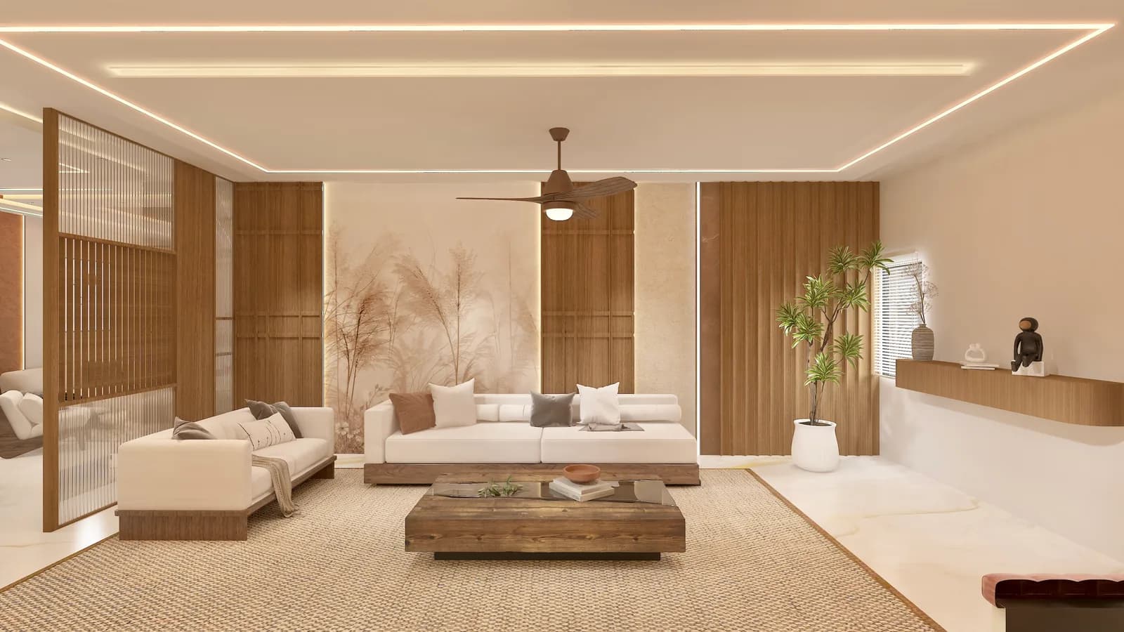A living room with a mural wall, a low timber coffee table and long sofas