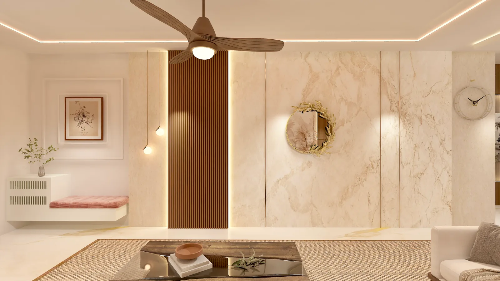 A living room detail of marble panelling with a round mirror and a wall clock