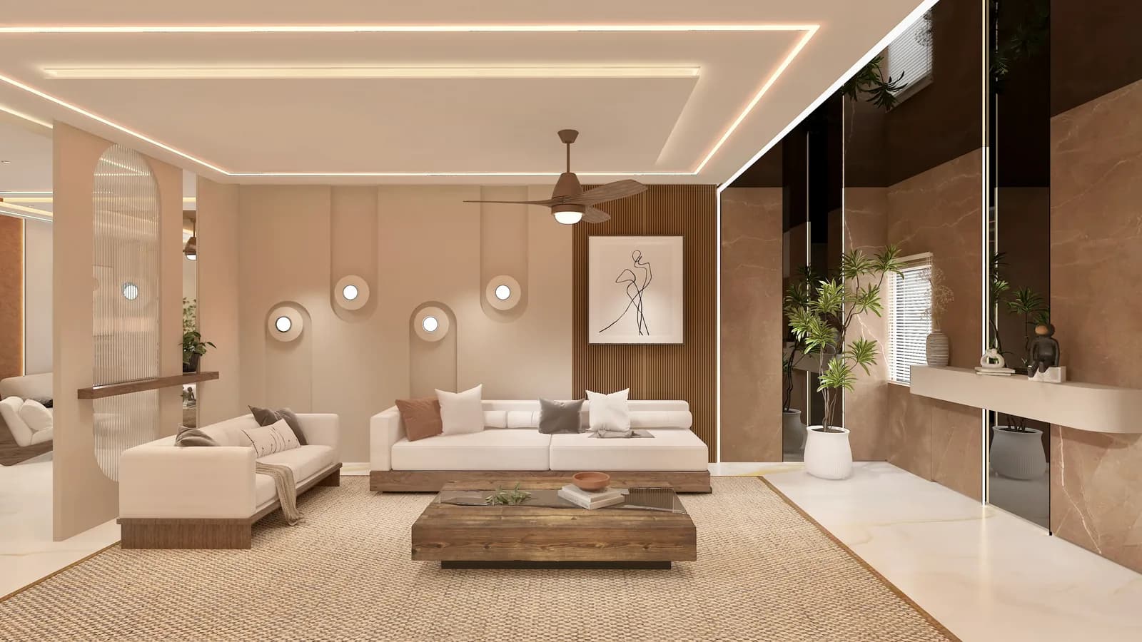 A living room with pendant lights, a gallery wall and a low timber table