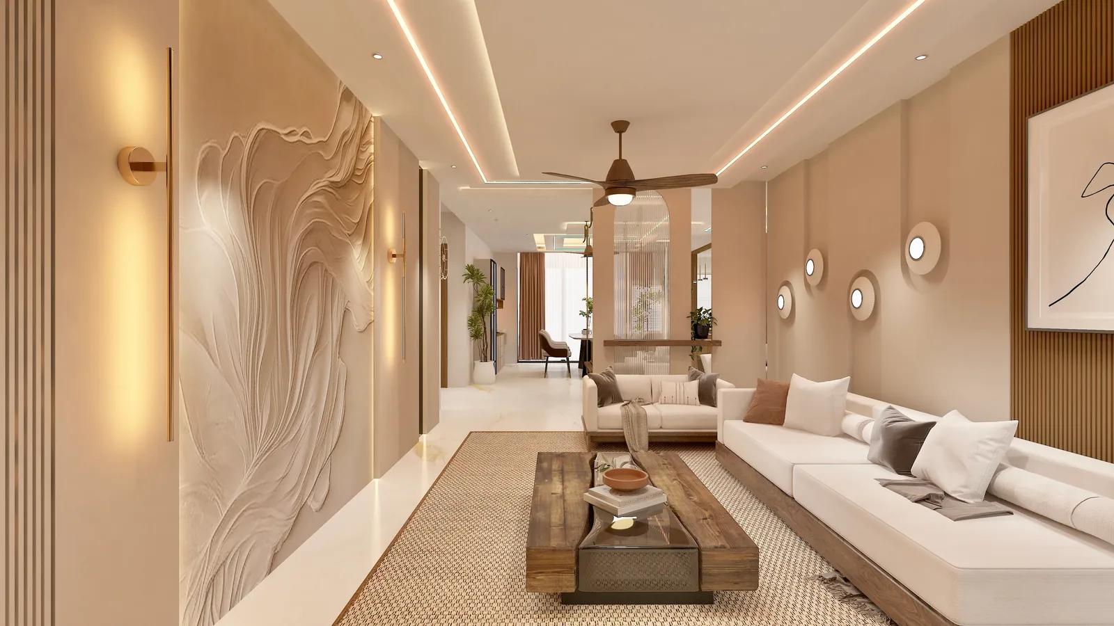 A living room with a sculpted relief wall running behind a long run of seating