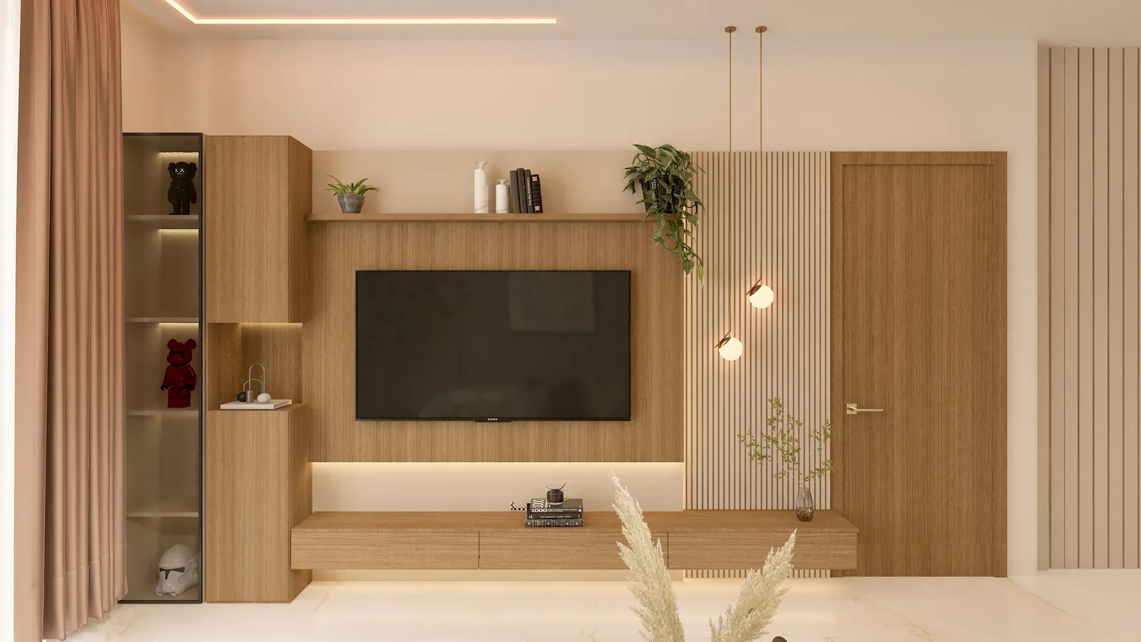 A living area with a timber media unit, open shelving and pendant lights