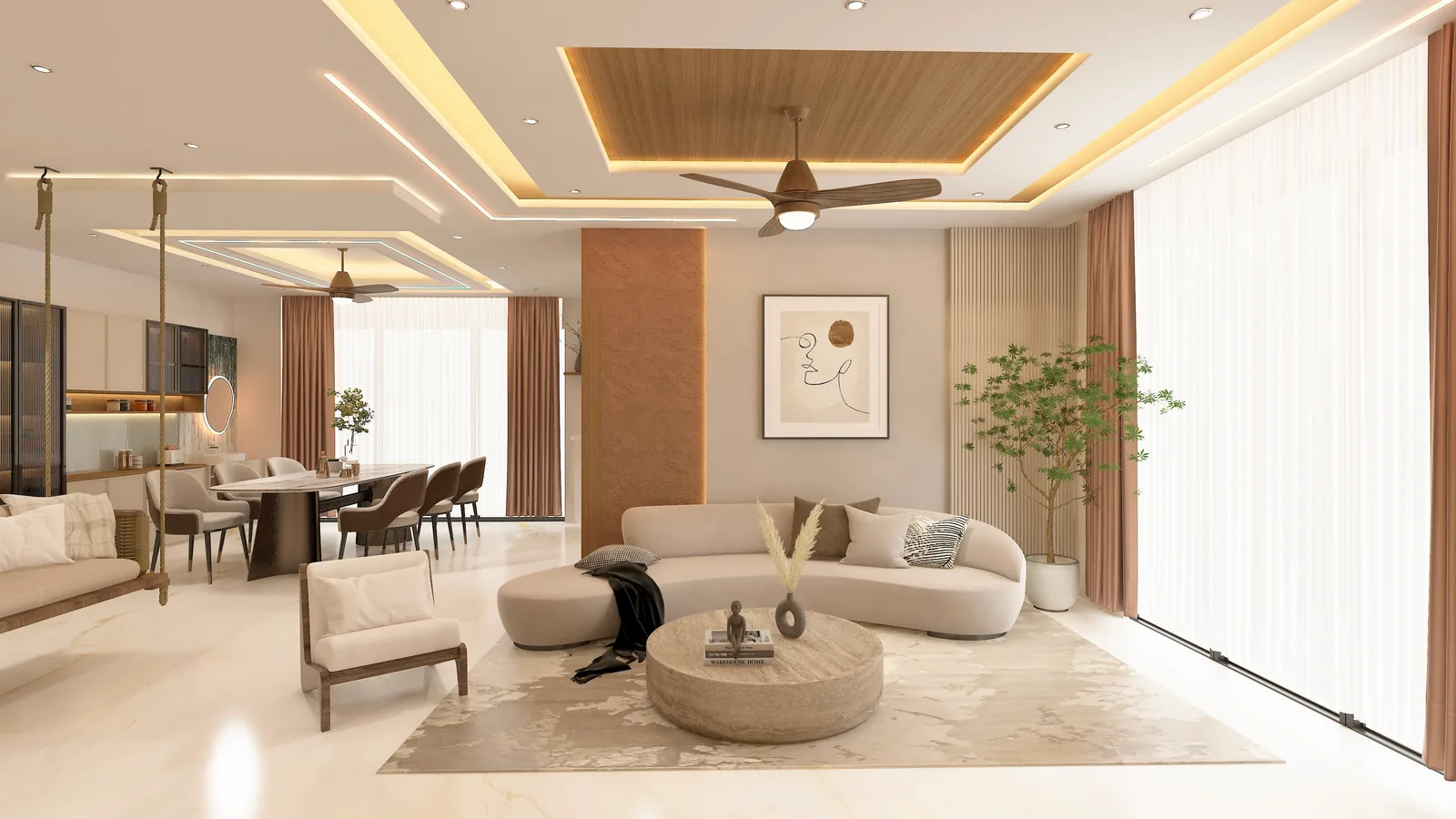 A living and dining space with a curved sofa, a rug and a timber ceiling detail