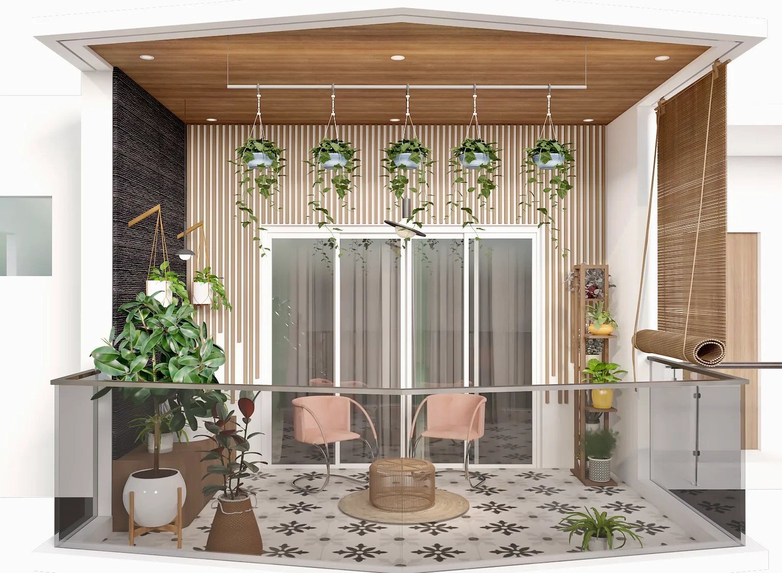 A covered courtyard with hanging planters, patterned tile and pink seating
