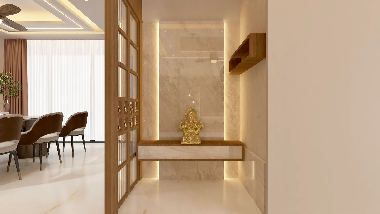 An entrance lobby with a lit marble niche holding a seated figure