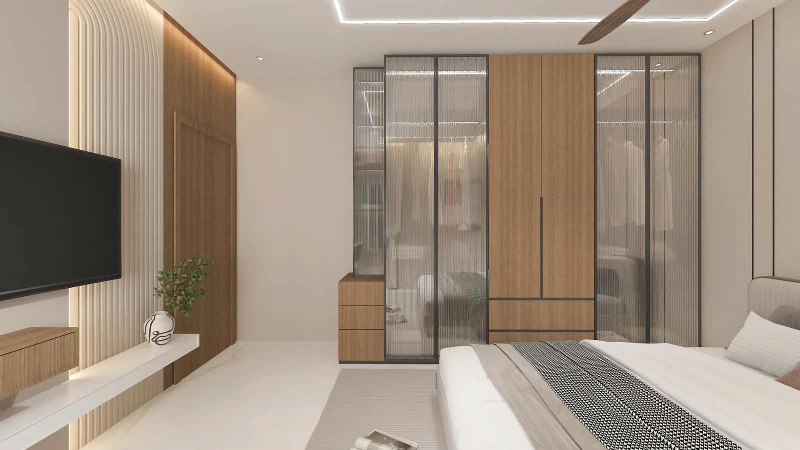 A bedroom with a screen on fluted panelling beside glazed wardrobes