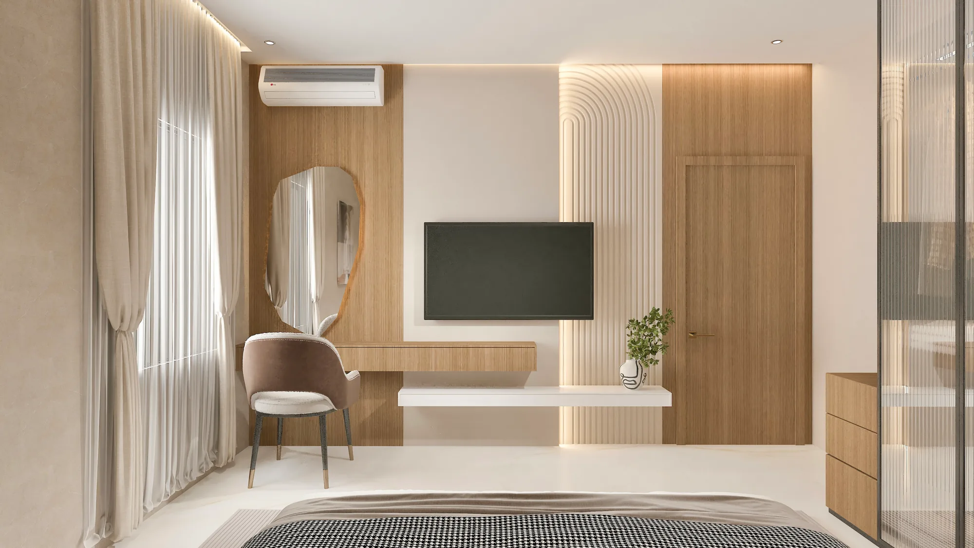 A bedroom panelled in pale oak, with a rounded mirror and soft cove lighting
