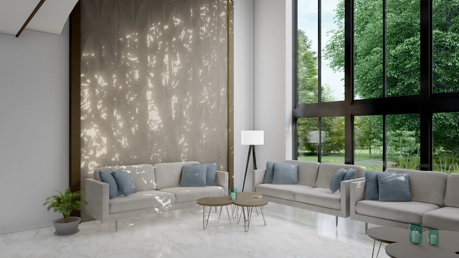 A double-height living room where dappled daylight falls across a textured full-height wall