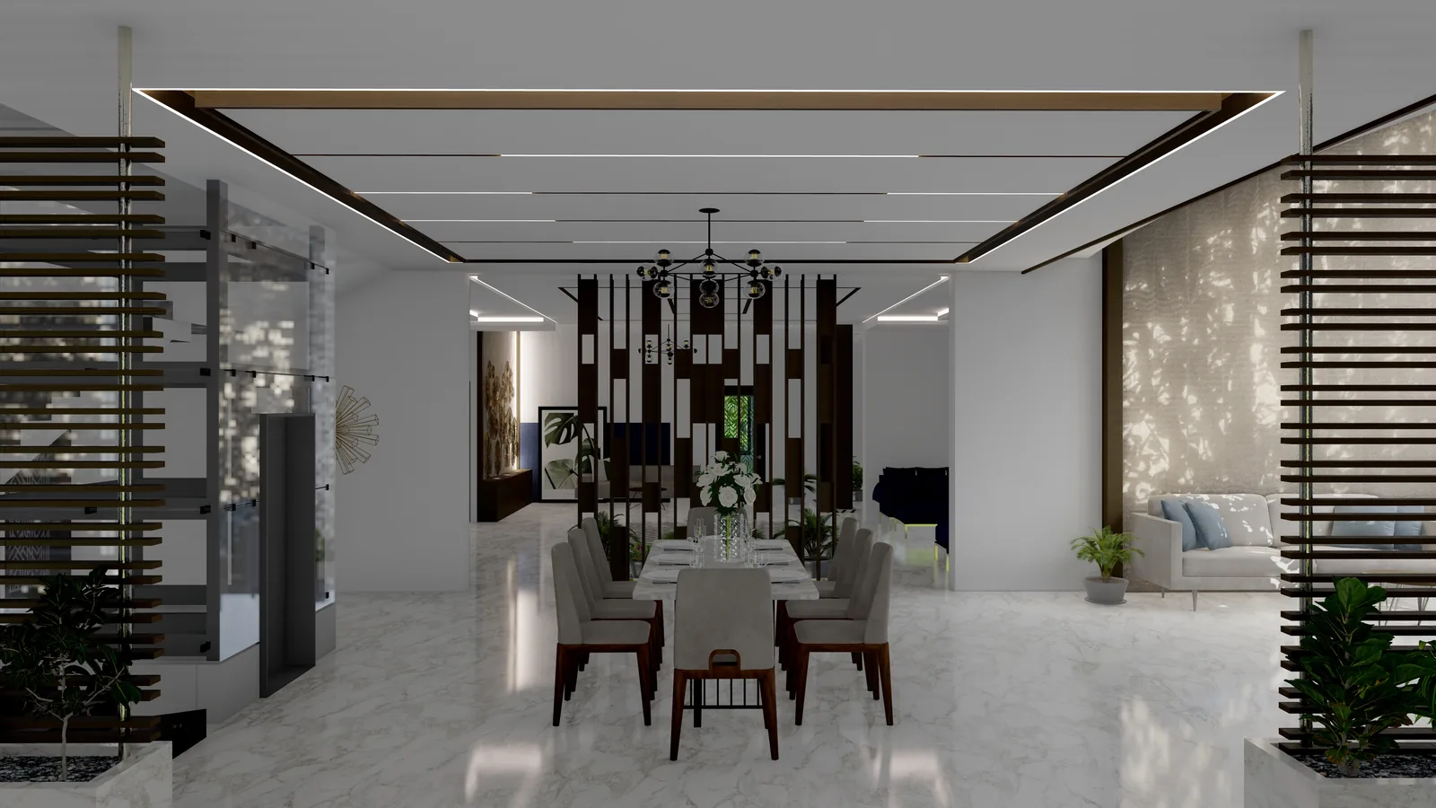 A dining table and chandelier seen through a floor-to-ceiling slatted timber screen