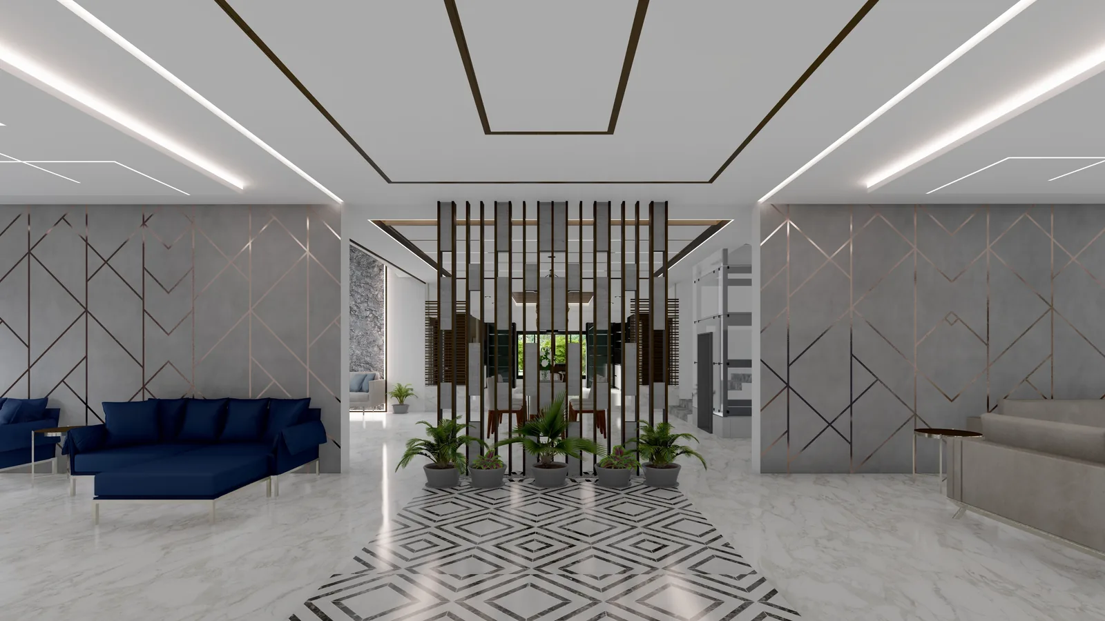 A foyer partition of mirrored vertical fins standing above a row of planters on a patterned marble floor