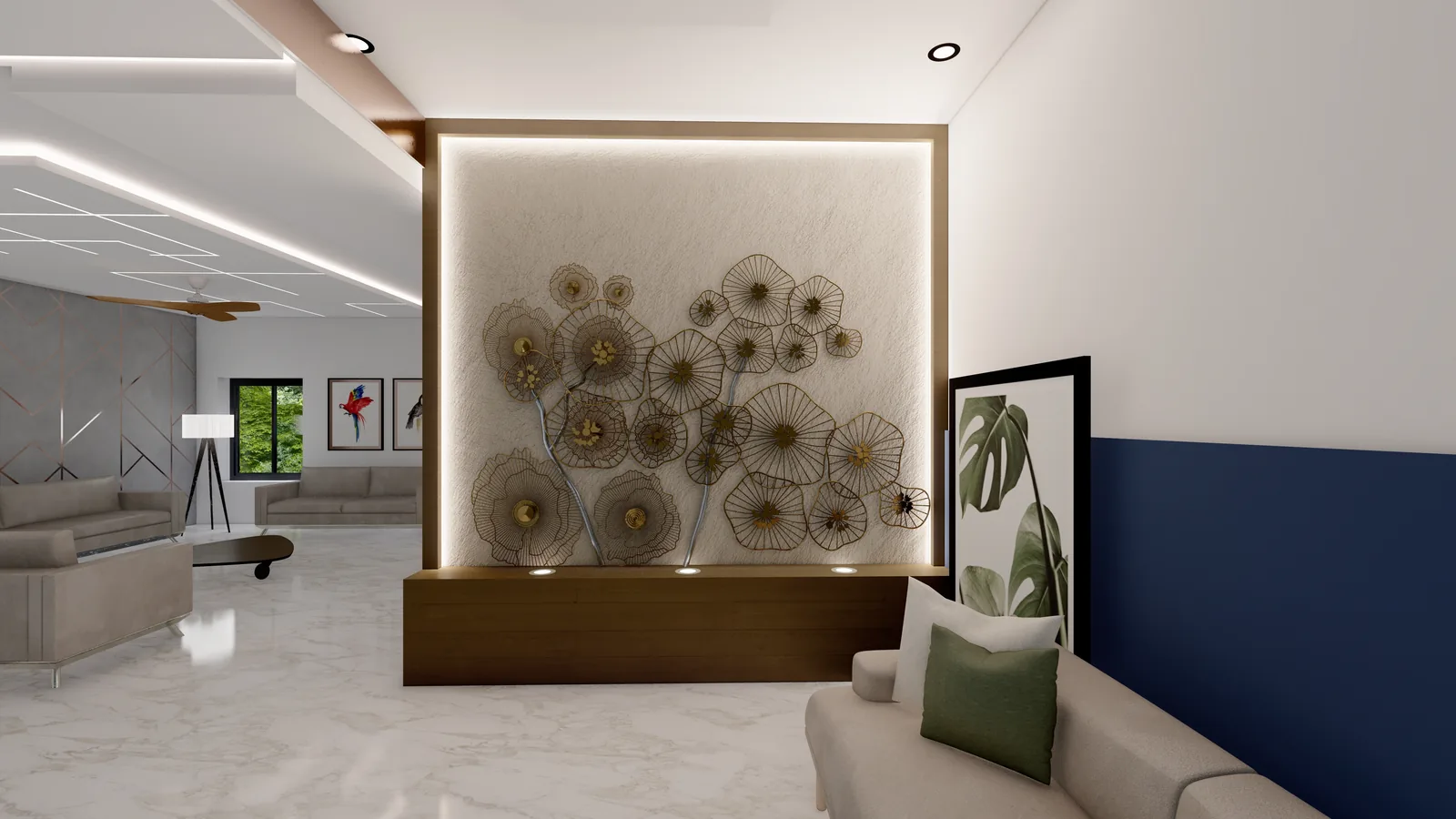 A cluster of metalwork flowers mounted on a backlit plaster accent panel above a timber bench