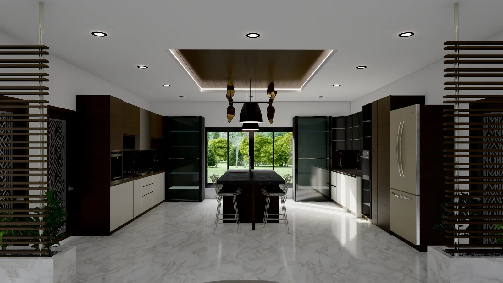 A kitchen in dark timber with a stone island, glazed doors opening onto the garden