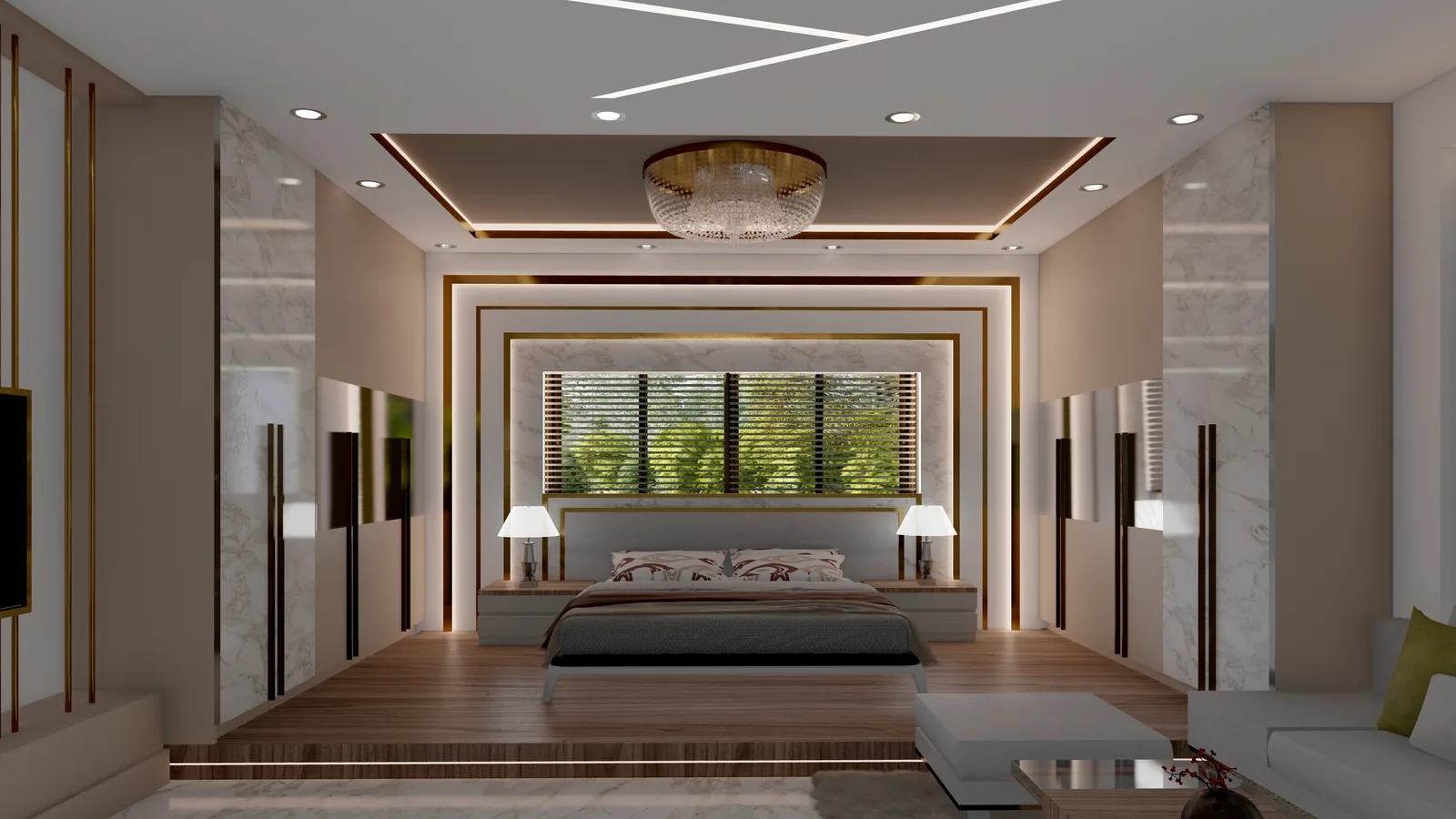 A bedroom raised on a timber platform, with cove lighting behind the headboard