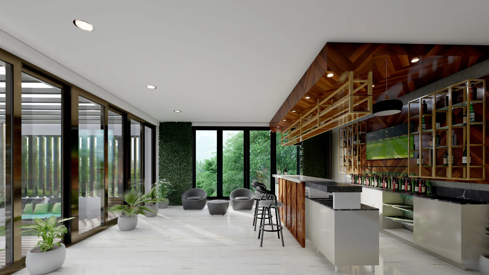 A bar and lounge under a pitched timber ceiling, glazed to a planted wall