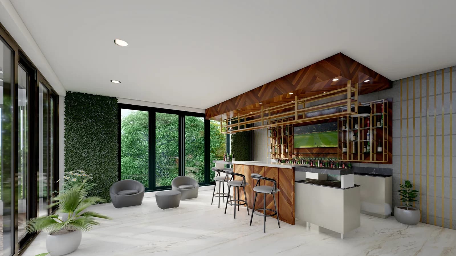 A bar counter with stools beneath a timber soffit, planting filling the glazing behind