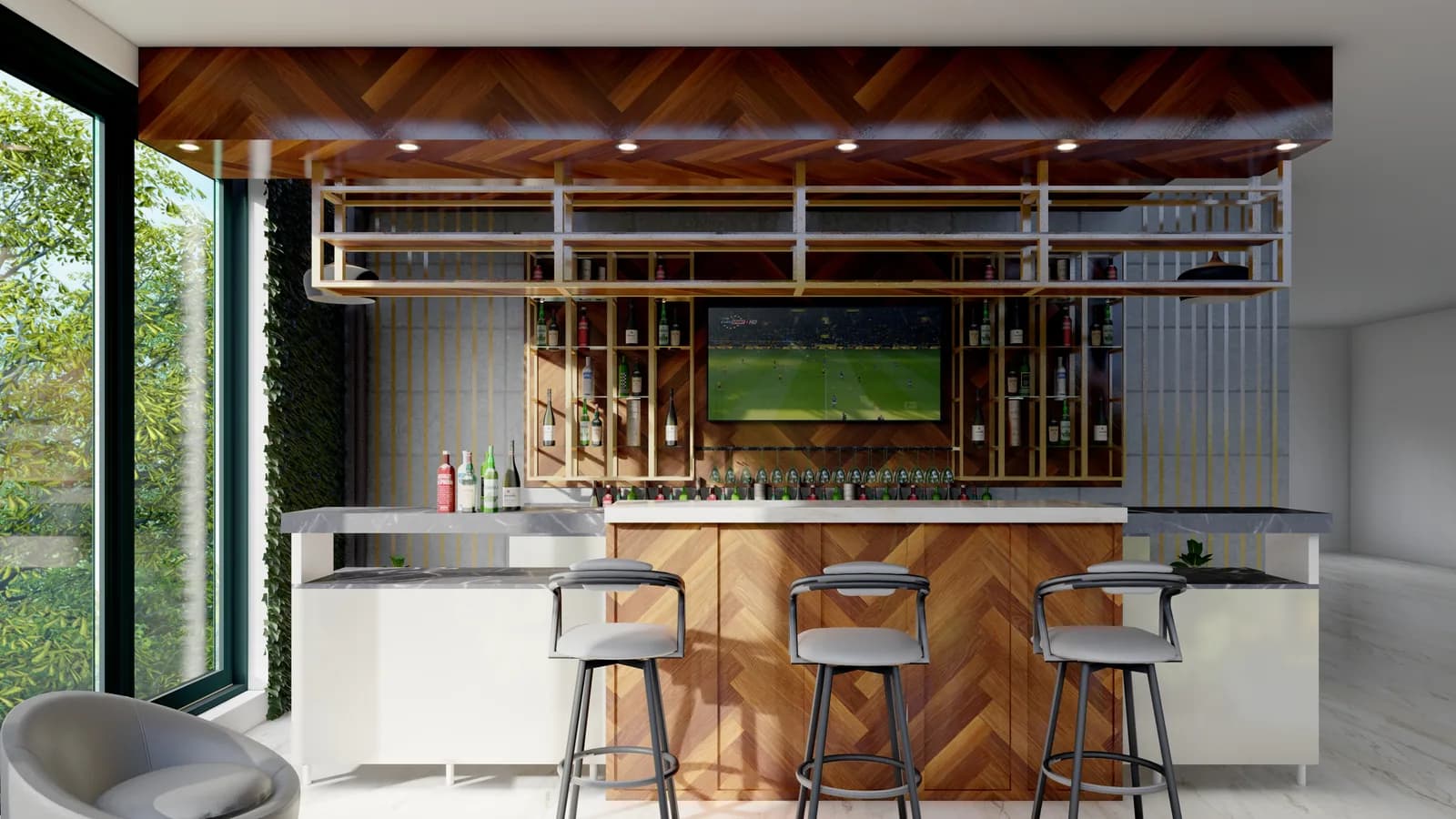 A bar faced in chevron timber with a screen above the counter and stools drawn up
