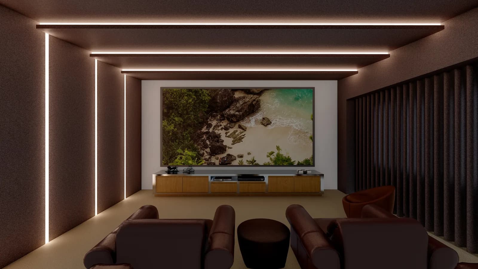 A home cinema with recessed light lines in the ceiling and tiered seating facing the screen