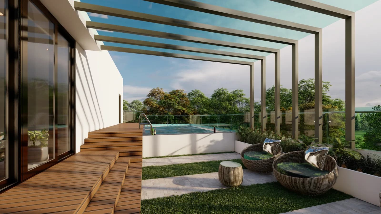 A pool terrace seen through a slatted pergola, with a timber deck and lawn